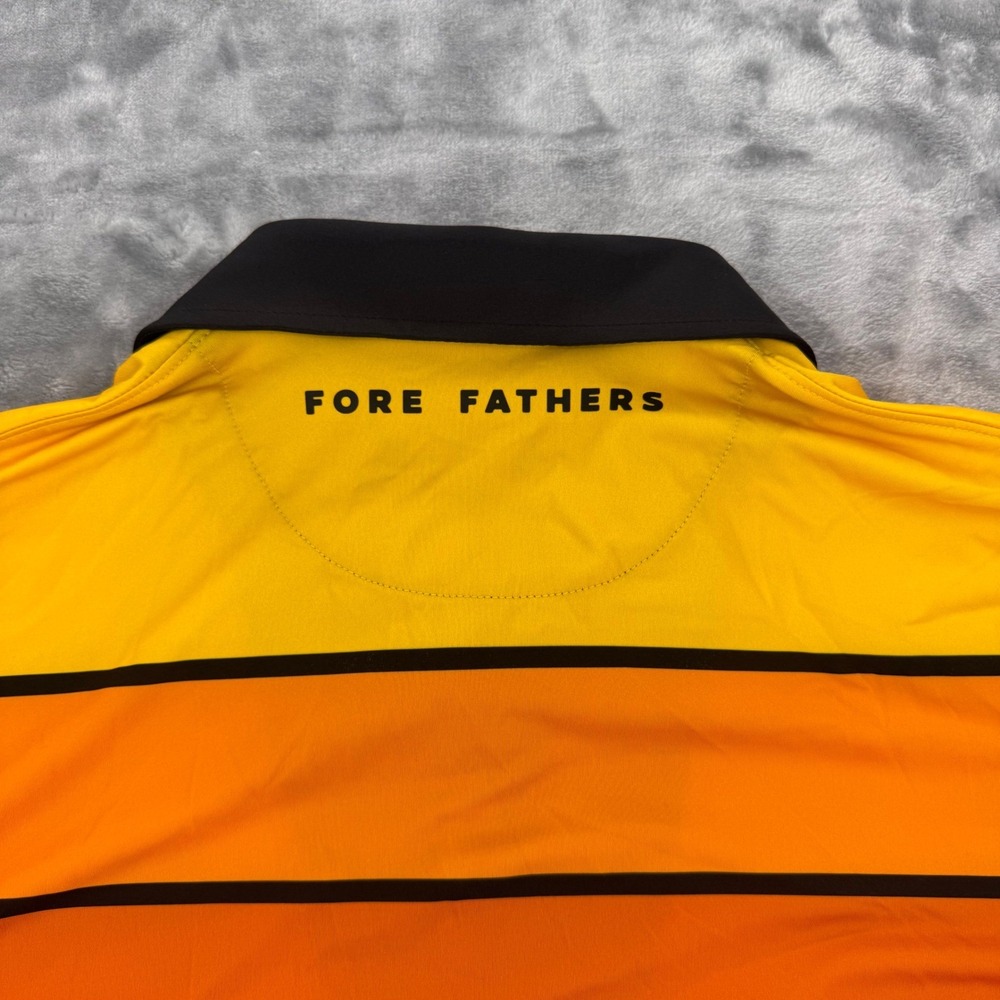 Fore Fathers Mens Large Golf Polo Shirt Black Orange Yellow Striped Lawn Mower
